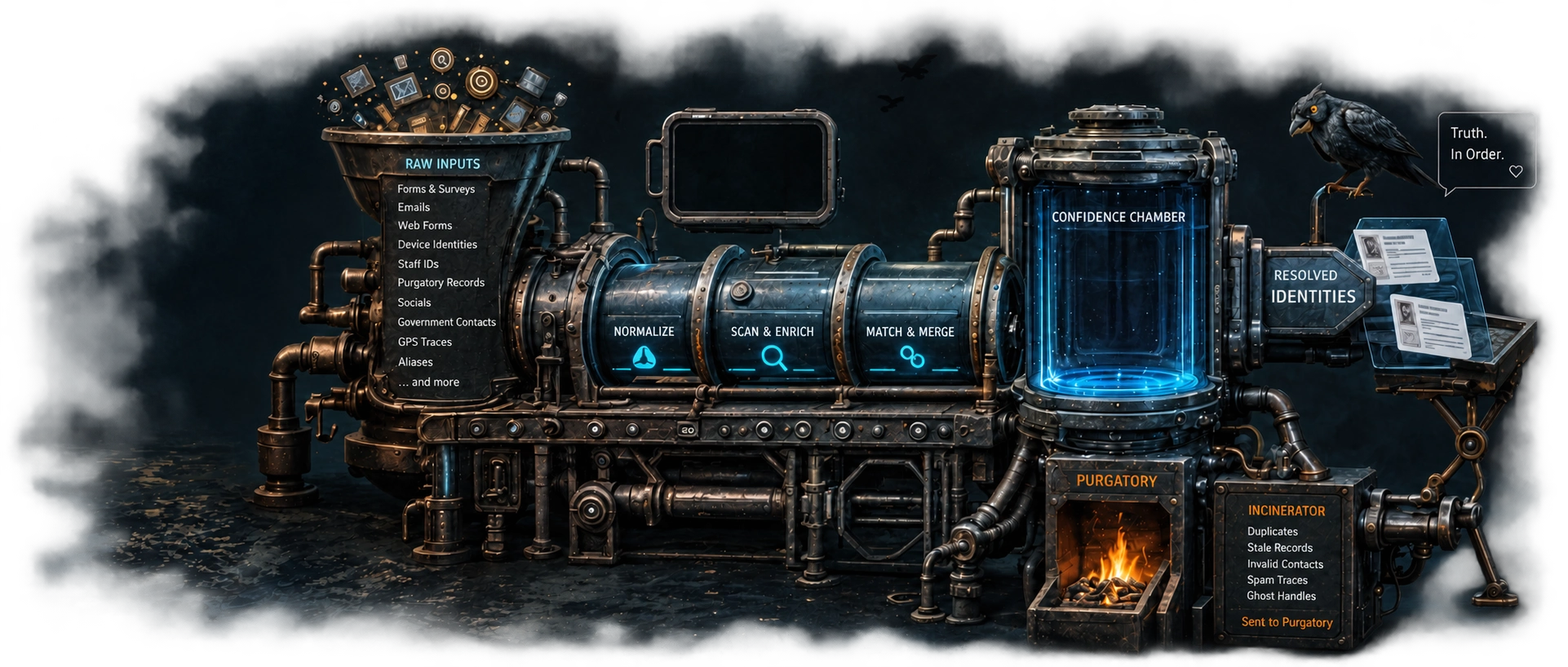 YP3k+ processing machine: raw inputs, normalize, scan and enrich, match and merge, confidence chamber, resolved identities, purgatory and incinerator